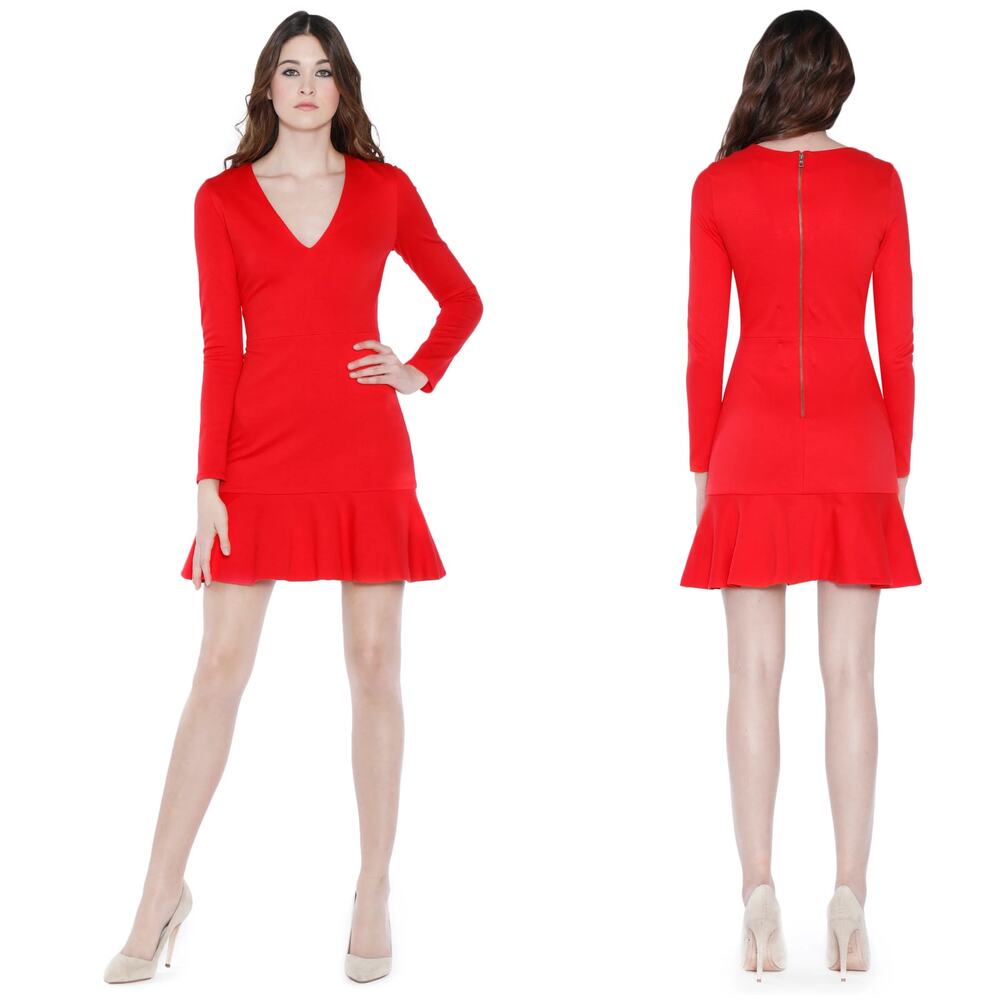 Alice + Olivia Francine Vneck Fit and Flare Dress Ruffle hem Red size 6